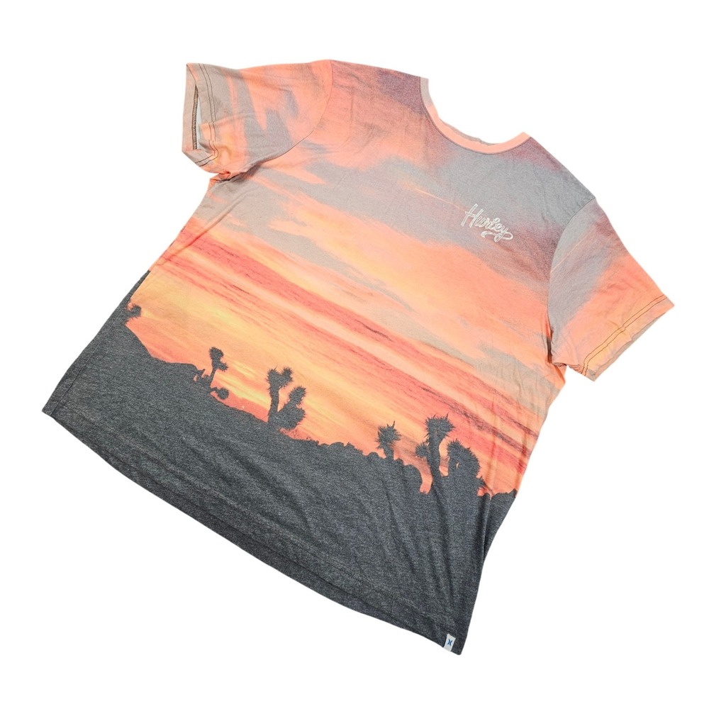 Hurley Mens XXL Desert Sunset T-Shirt Joshua Tree Graphic Soft Blend Gray Orange